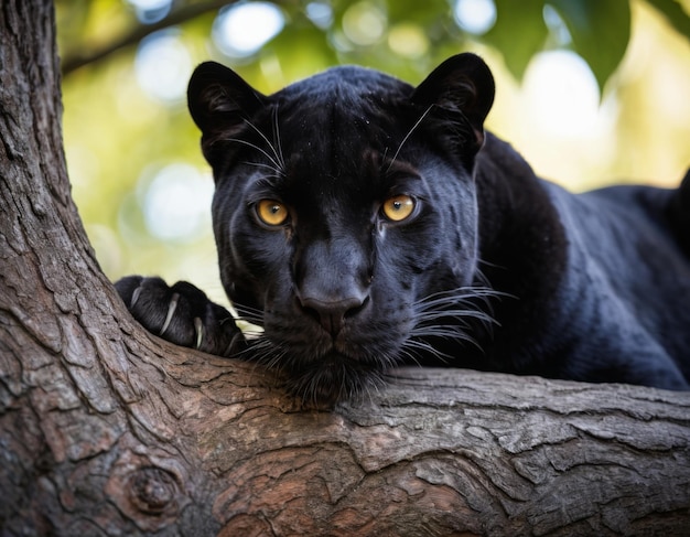 写真 美しい目を持つ黒いパンサーが木の上に横たわっている