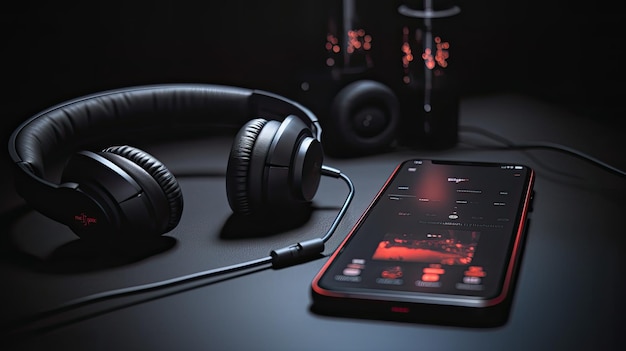 Фото Черный телефон с красными наушниками на экране рядом с наушниками.