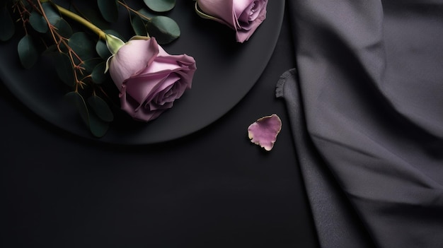 사진 옅은 보라색 장미가 있는 검은색 천 평면도 사진이 있는 검은색 접시