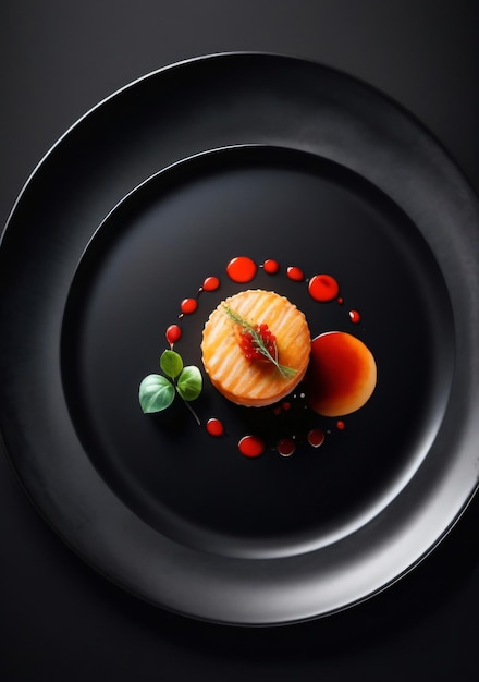 사진 a black plate with a small piece of food on it