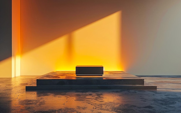 Фото Черный квадратный подиум с оранжевым светом, освещенным мягким желтым освещением на стене