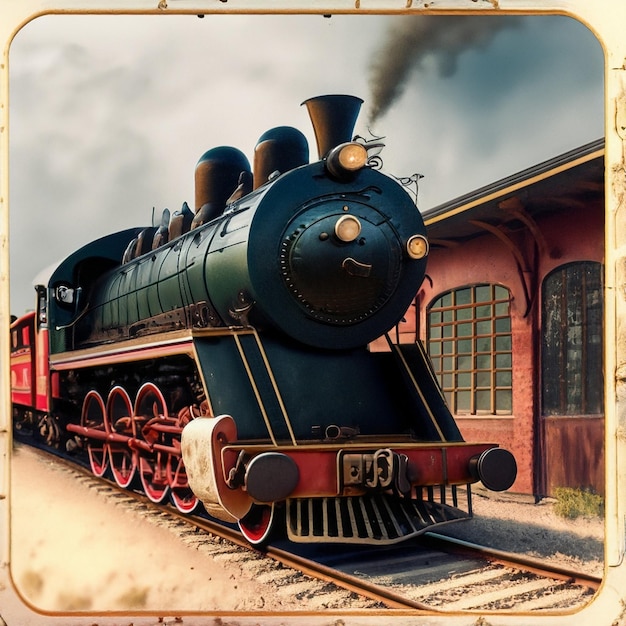 写真 前面に蒸気という文字が描かれた黒い電車