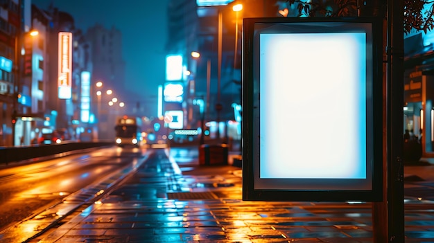 Фото Пустой рекламный щит на автобусной остановке в оживленном городе ночью городские огни отражаются на мокром тротуаре