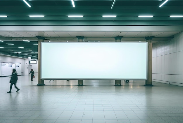 사진 미니멀한 배경의 스타일로 걸어가는 사람들과 함께 기차역의 빈 광고판