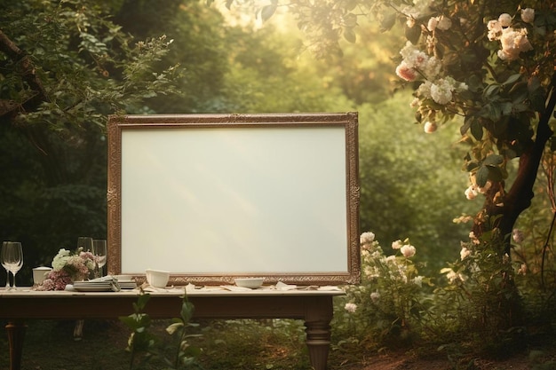 Фото Пустой рекламный щит на столе с деревянной рамой и белый фон с белой рамкой.
