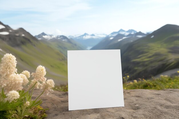 写真 目的地のイベントのための美しい山の風景を眺める空白のカードモックアップ ロマンチック