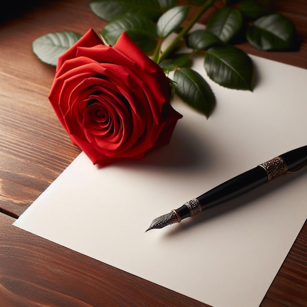 사진 나무 테이블 위에 빈 페이지와 빨간 장미