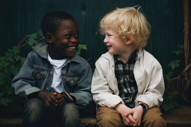 사진 금발 소년과 흑인 소년은 친구입니다.