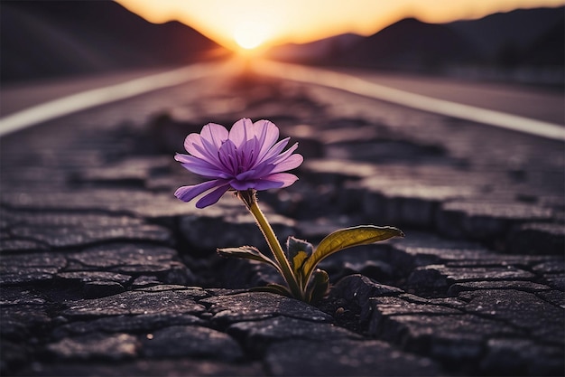 写真 ひび割れた通りのザラザラした背景に咲く紫色の花が際立っている