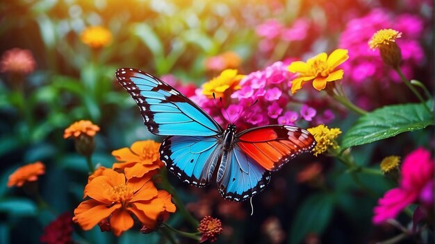 사진 꽃 위 에 있는 파란색 과 빨간색 나비