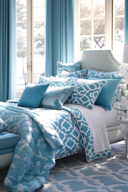 Фото Синяя и белая кровать с белой головной доской и подушками