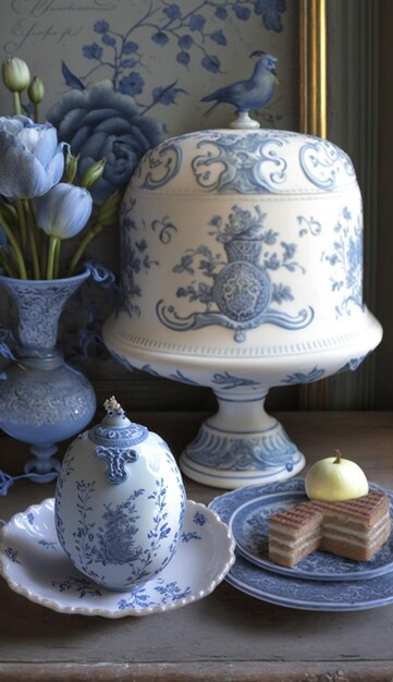 Фото Сине-белый торт с тортом на столе с тюльпанами.