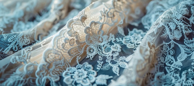 Фото Синяя и белая кружевная ткань с цветами на ней