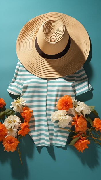 Фото Синий и белый полосатый костюм с шляпой и цветами