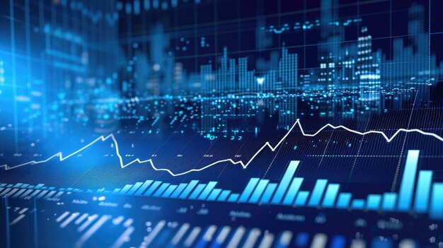 Фото Синяя фоновая фотография для дизайна с абстрактным финансовым графиком, отображающим линию восходящего тренда и стрелки на фондовом рынке