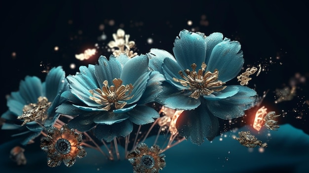 사진 꽃과 조명이 있는 파란색 배경입니다.