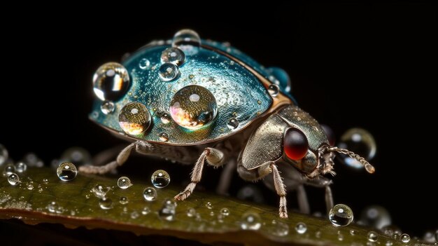 写真 赤い目をした青い虫が葉の上に座っています。