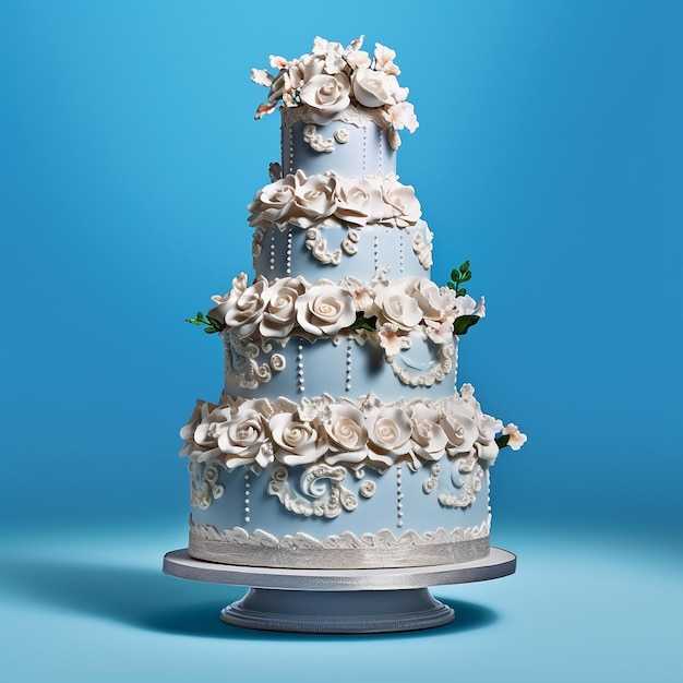 Фото Синий торт с белыми цветами на нем