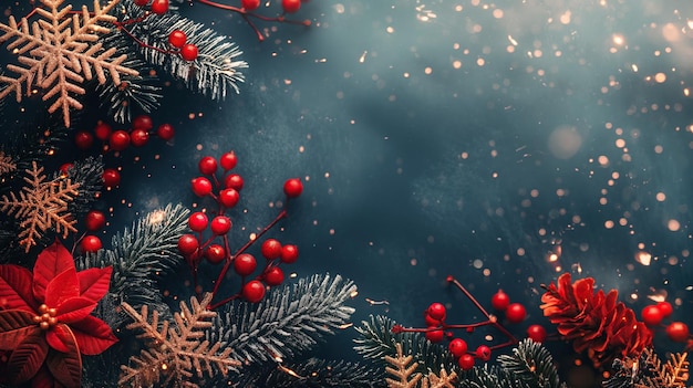 写真 赤いベリーと雪花の青いクリスマスの背景