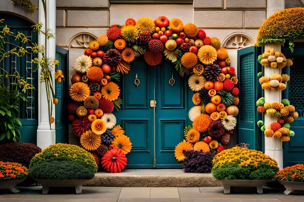 写真 花が飾られた青いドア