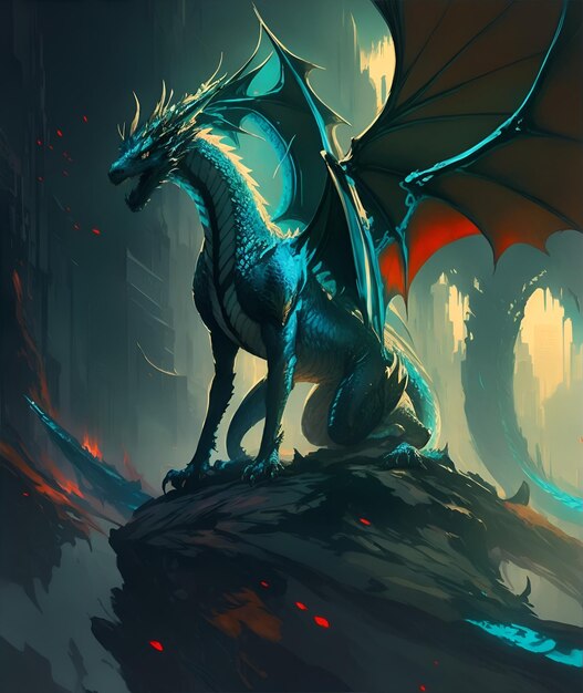 写真 赤い尾を持つ青いドラゴンは崖の上に立っています