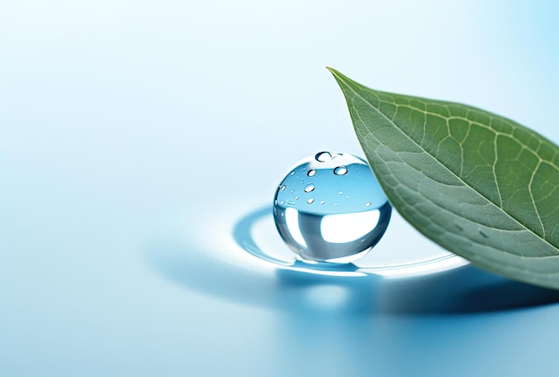 Фото Голубая капля воды на листе в стиле слоевой сетки