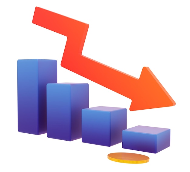 Фото Синяя гистограмма финансов с красной стрелкой, указывающей вниз, в боковом представлении продаж 3d