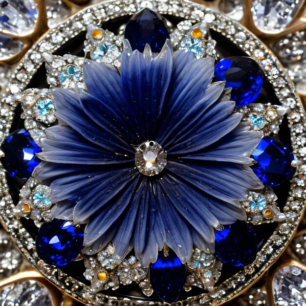 Фото Голубой цветок, окруженный многими голубыми и прозрачными кристаллами на черной поверхности с золотыми акцентами и