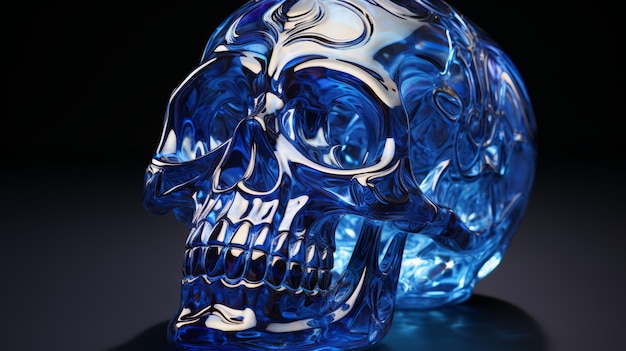Фото Голубой стеклянный череп на черном фоне