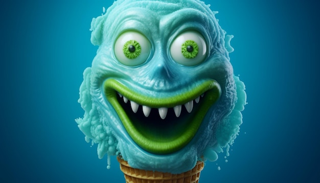 Фото Голубое мороженое с зеленым лицом монстра на нем 1