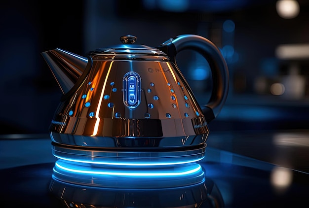 Фото Синий свет освещает металл чайника с горячей водой в стиле фокуса на задней кнопке