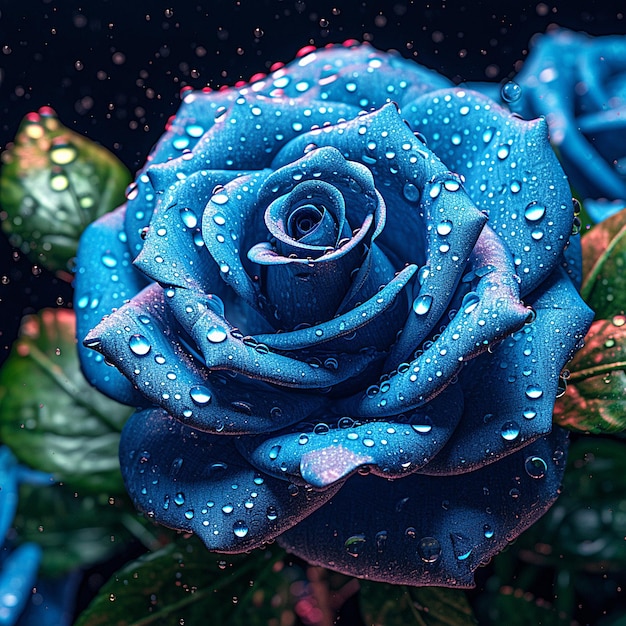 写真 雨のしずくがついた青いバラ