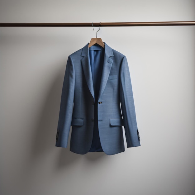 사진 흰 벽이 뒤에 있는 옷걸이에 걸려 있는 파란 양복.