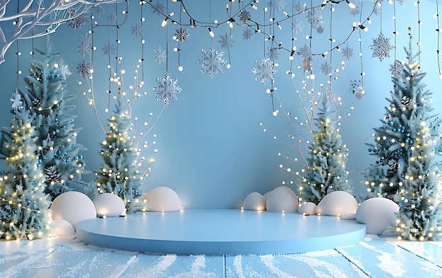 Фото Голубой стол с рождественскими деревьями и снежинками на нем