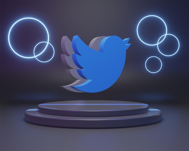 写真 青色の twitter ロゴは、青色のロゴが付いた表彰台にあります。