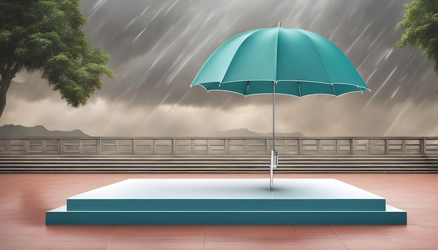 사진 파란 우산은 비가 내리는 플랫폼에 있습니다.