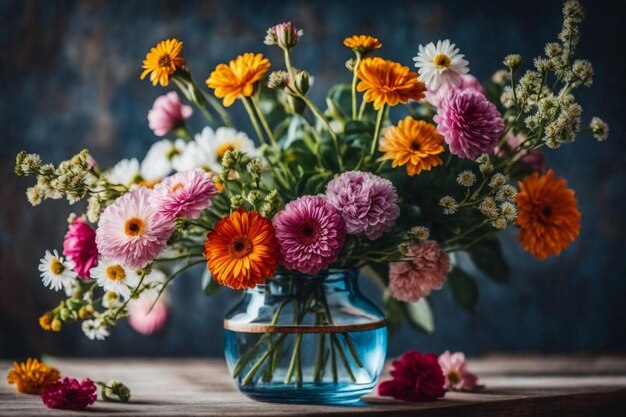 写真 花がついた青い花瓶とその中に他の花がいくつかある青い花筒