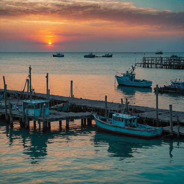 写真 背景に夕焼けがあるボートドック