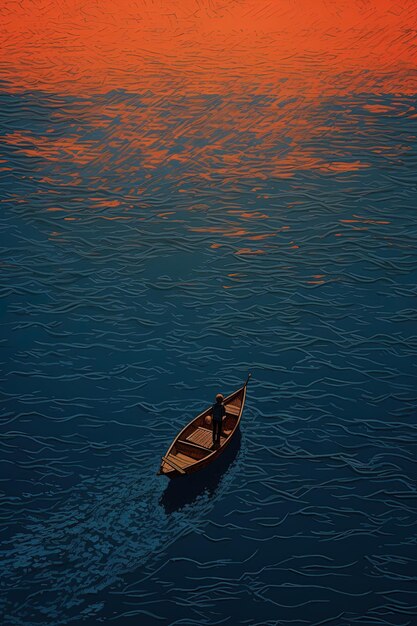 写真 背景に夕日が映っている水の中のボート