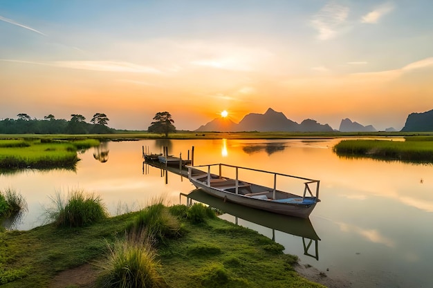 写真 ボートが湖に停泊し背景に日没が描かれています