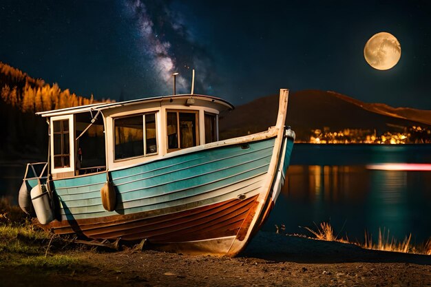 Фото Лодка пришвартована к берегу ночью.