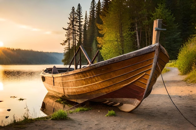 Фото Лодка пристыкована на берегу озера.