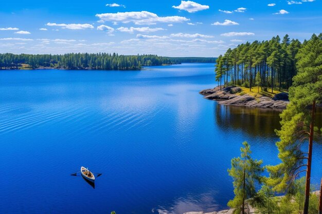 写真 ボートが湖の上にあり背景には森がある