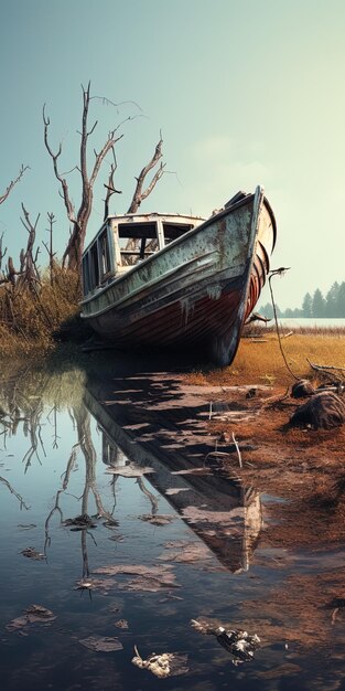 Фото Лодка отражается в воде с отражением дерева в воде.