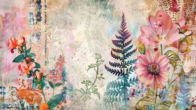 写真 ボヘミアインスピレーションで色とりどりの花と植物のプリントをフィーチャーした背景
