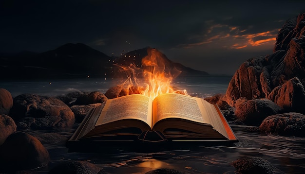 Фото Книга горит на пляже.