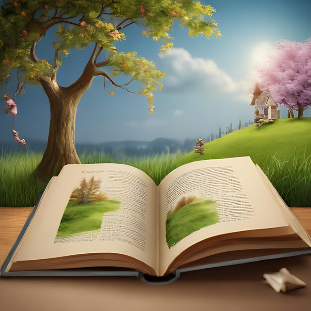 사진 한 책 이 뒷면 에 나무 와 집 이 있는 페이지 로 열려 있다