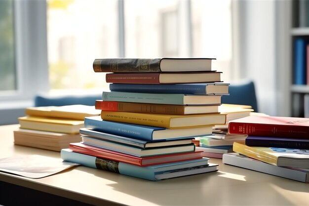 写真 勉強机の上に本の山をクローズ アップ正面から見た山本学習テーブルの上のカラフルな本の山
