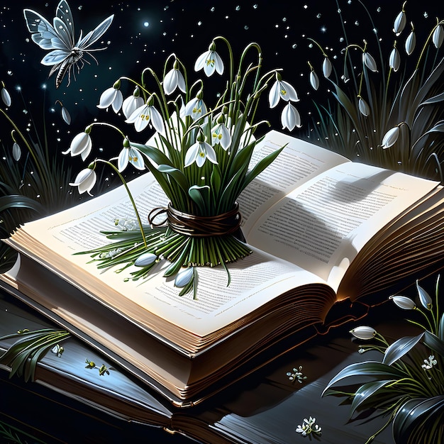 写真 a book with a plant in it and a flower on the top