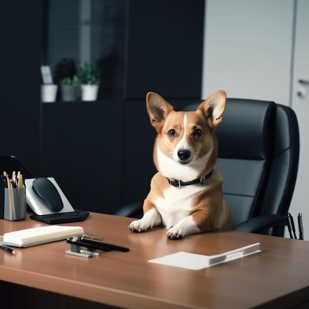 写真 ジェネレーティブ ai によるオフィスの机の後ろにいるボス犬